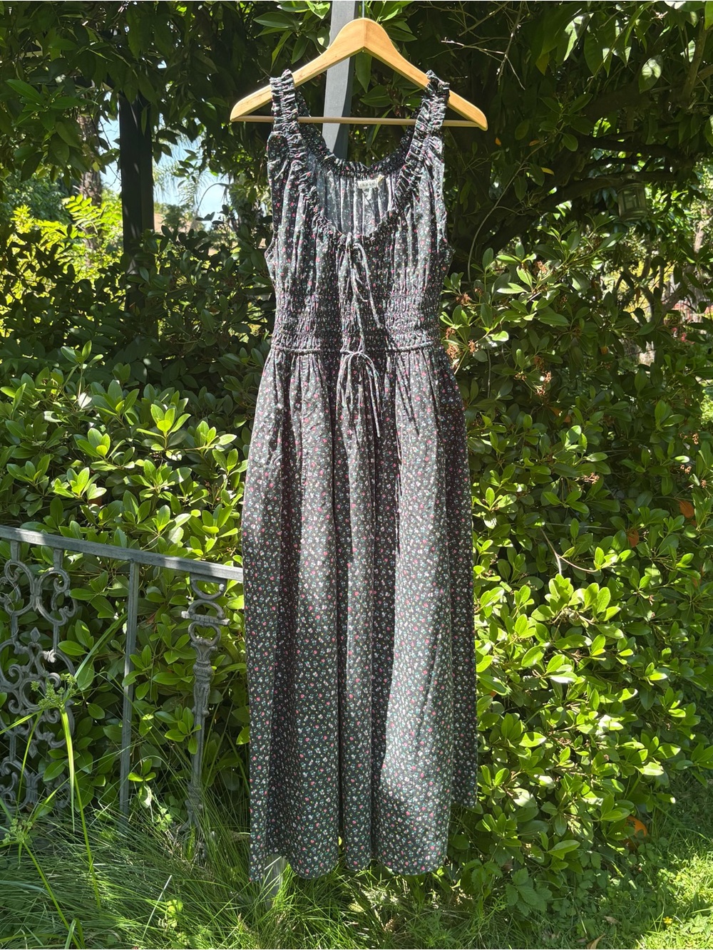 Doen Black Smocked Midi Dress with Tiny Floral Print — ALTERED —